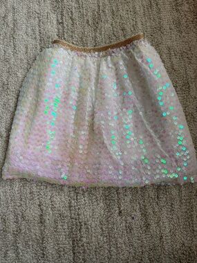 Girls White Iridescent Sequin Skirt with Gold Waistband